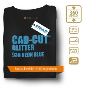 STAHLS® CAD-CUT® Glitter Flexfolie 938 Neon Blue, (Bild 1) Nicht farbechte Beispieldarstellung